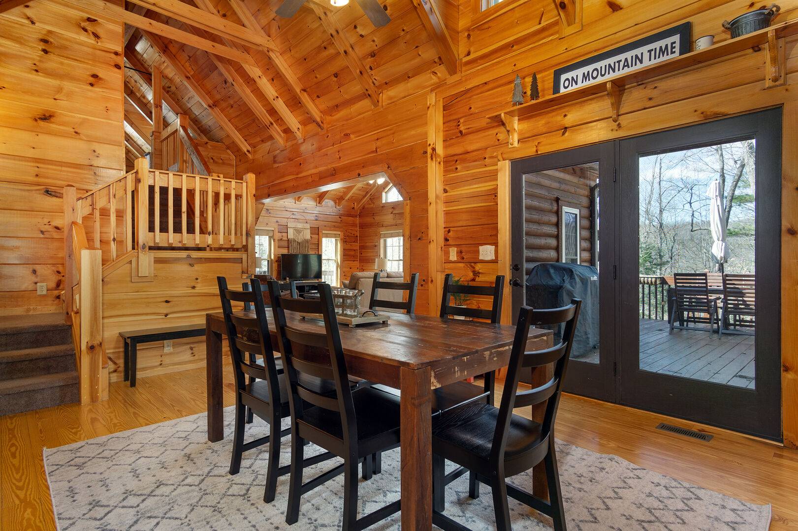 Dining room in a timber frame cabin