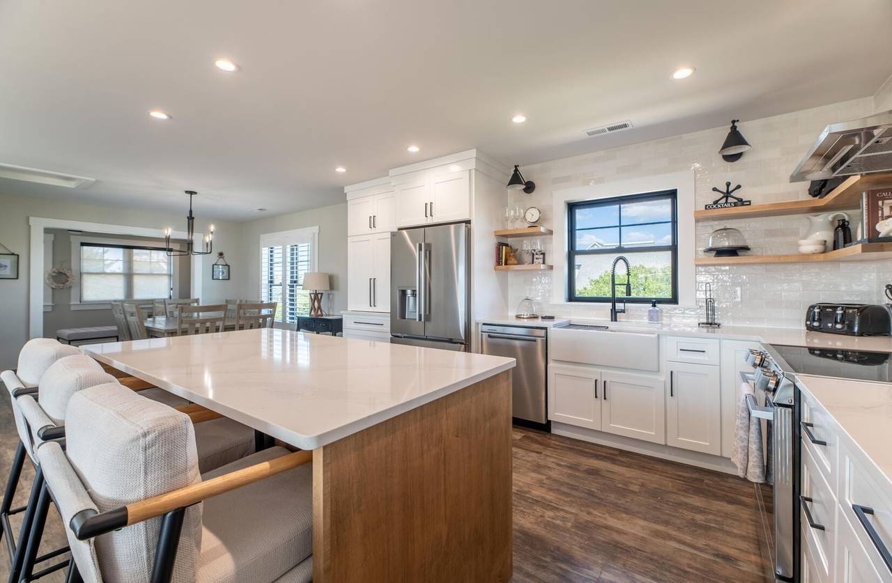 Updated kitchen at Turtle Shack, an Outer Banks vacation rental home with fresh finishes and a welcoming space for gathering.