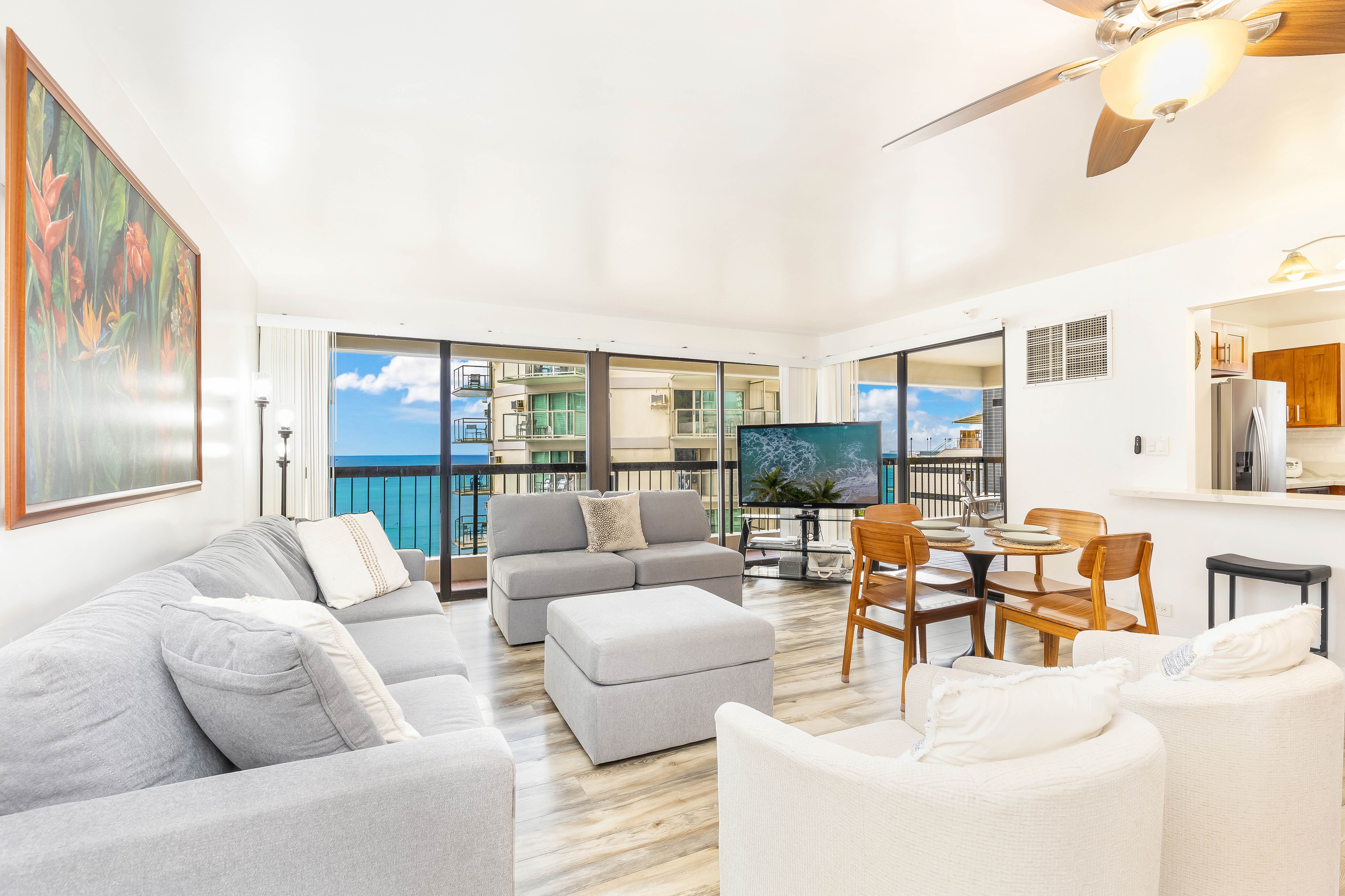 Bright living room with stunning ocean backdrop