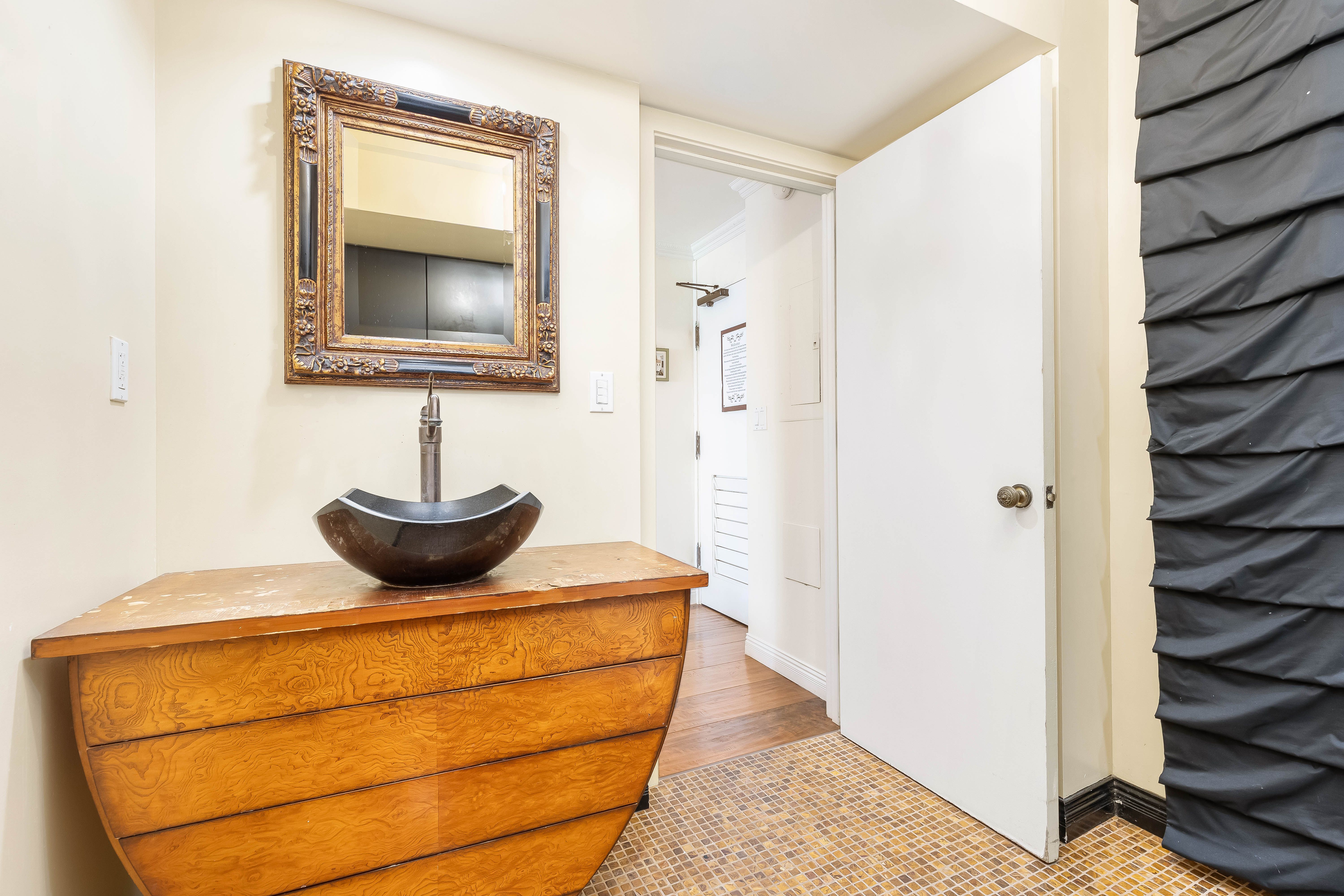 Freshen up at the bright bathroom vanity