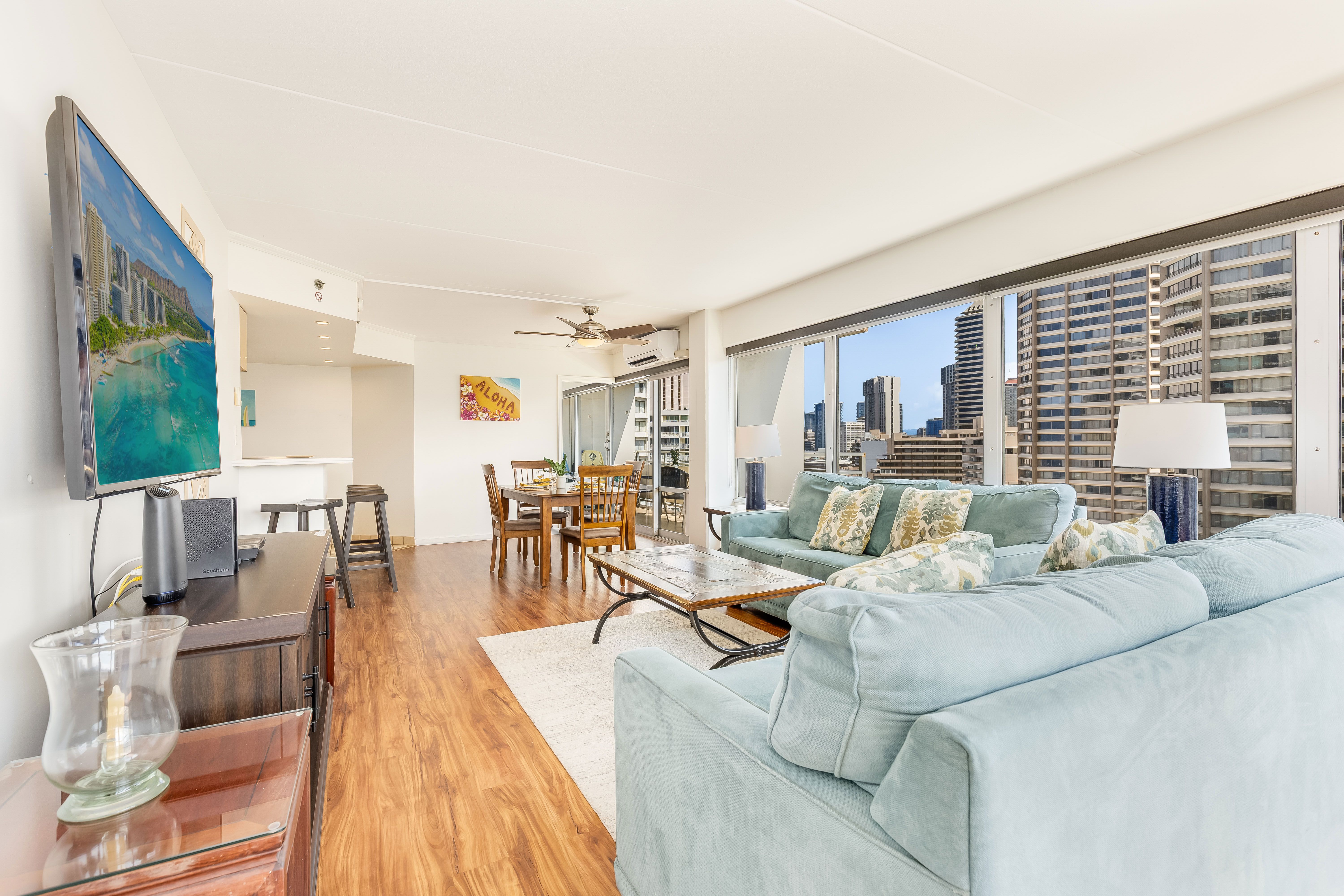 An open-concept living and dining area