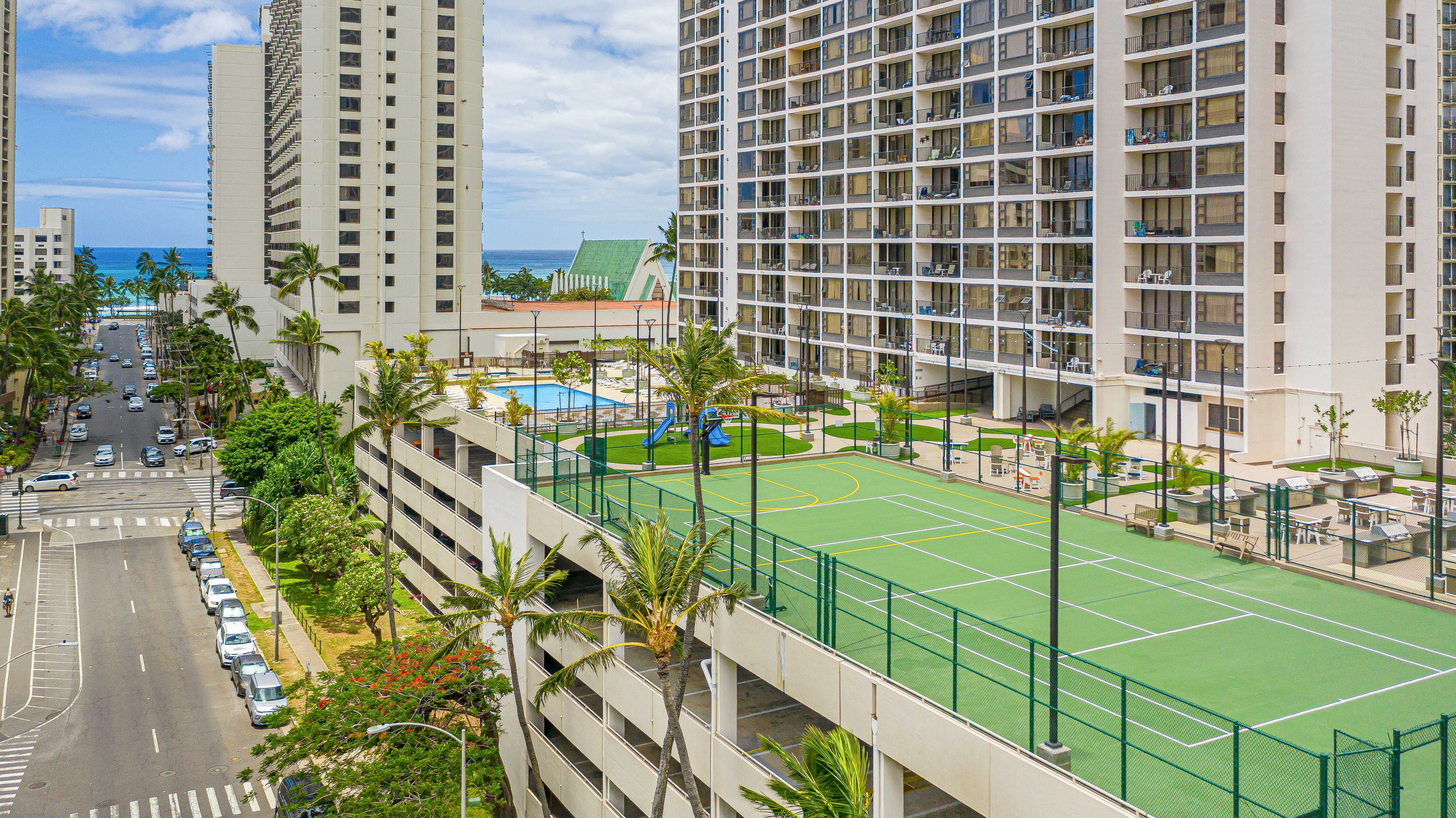 Stay active with a match on the on-site tennis court