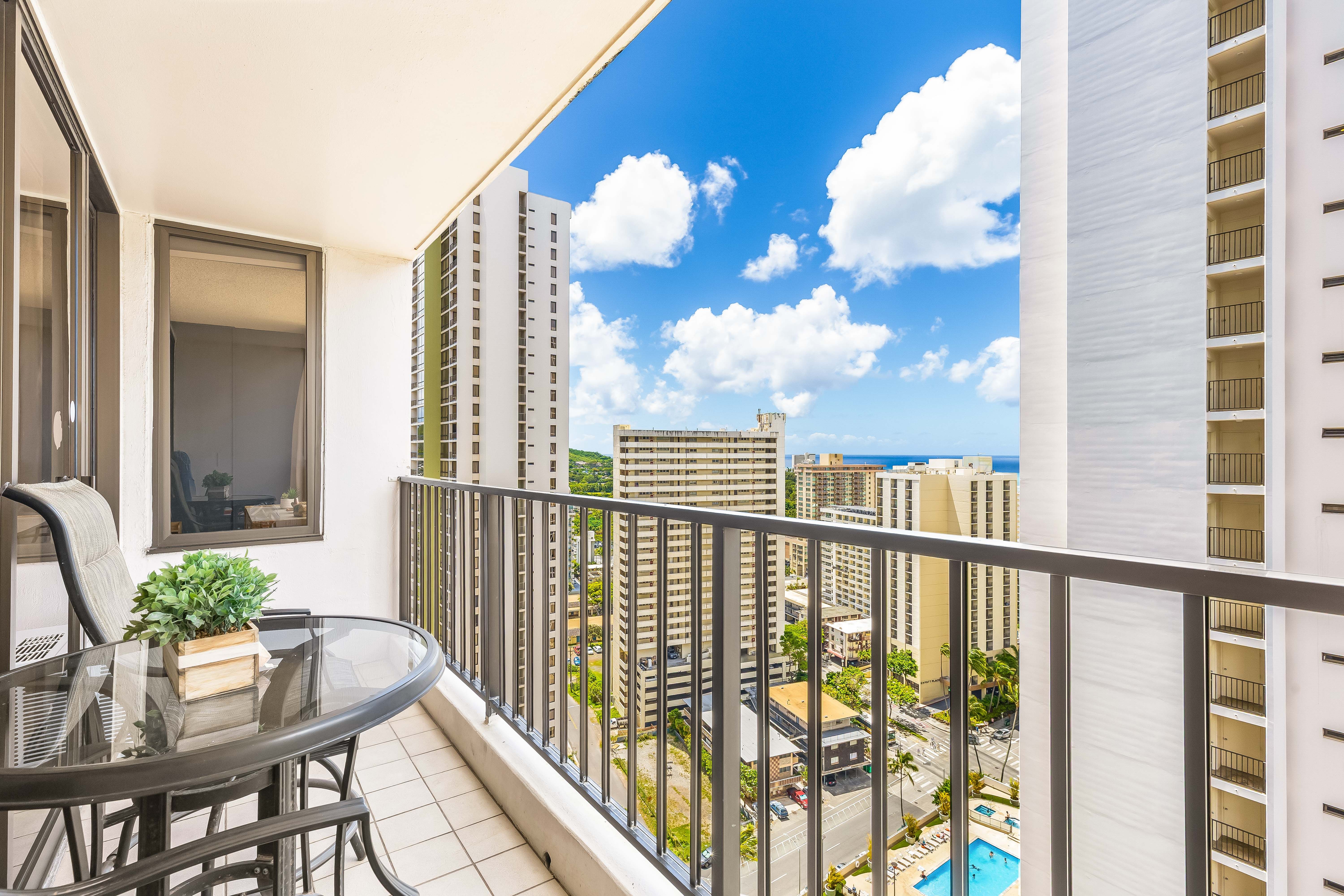 Enjoy island breezes and blue skies from the balcony