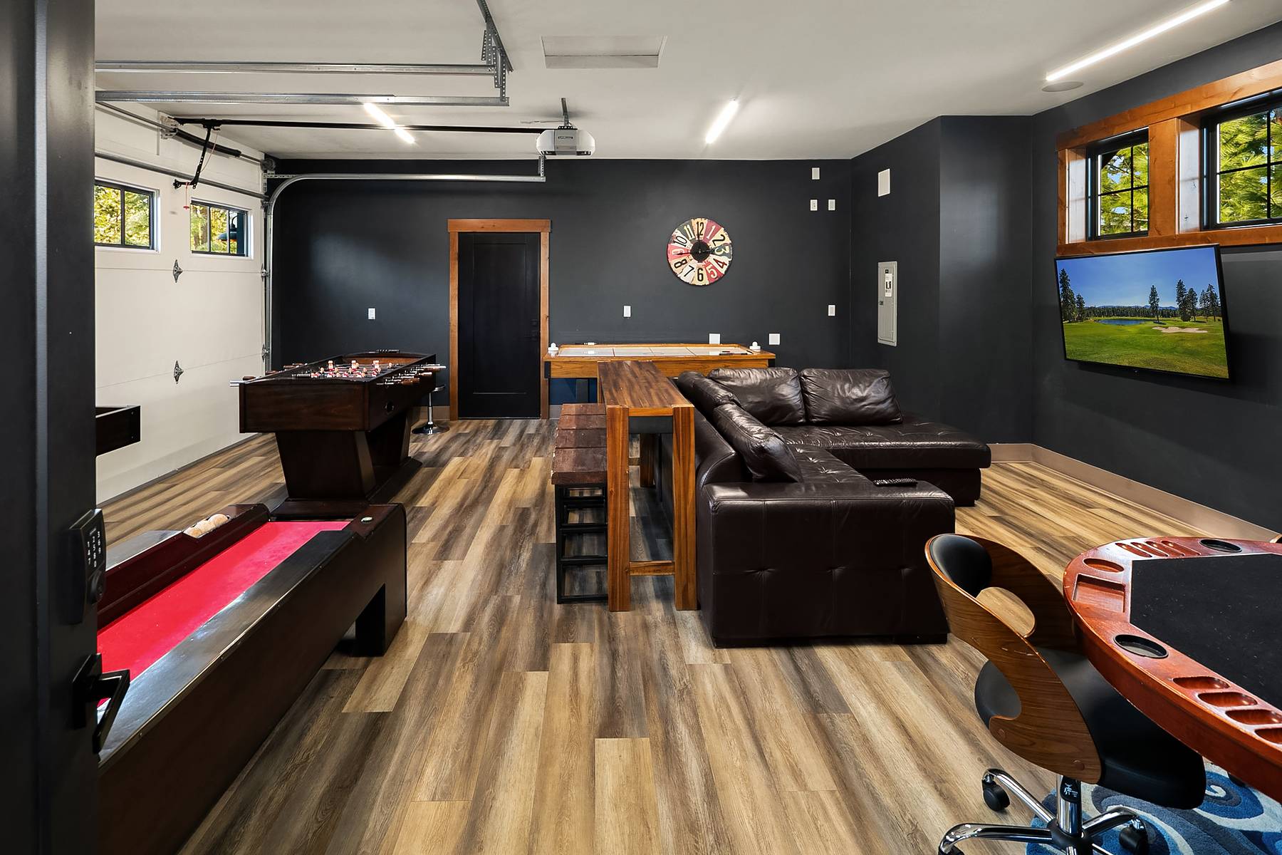 Garage game room with Foosball, Shuffleboard, and more!