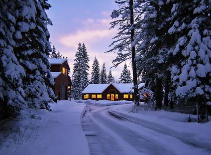 Exterior snow at twilight