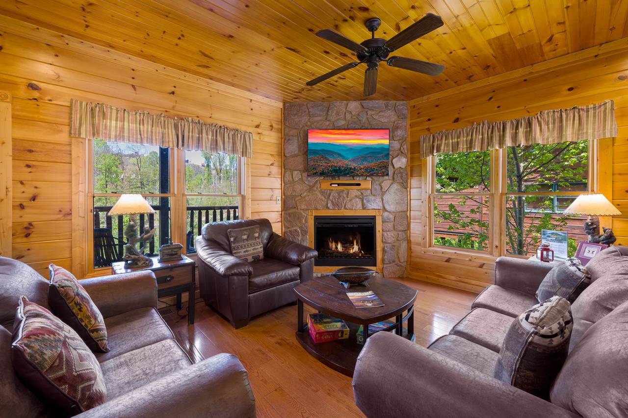 Living room with electric fireplace, flat screen TV, and sleeper Living room with electric fireplace, flat screen TV, and sleeper