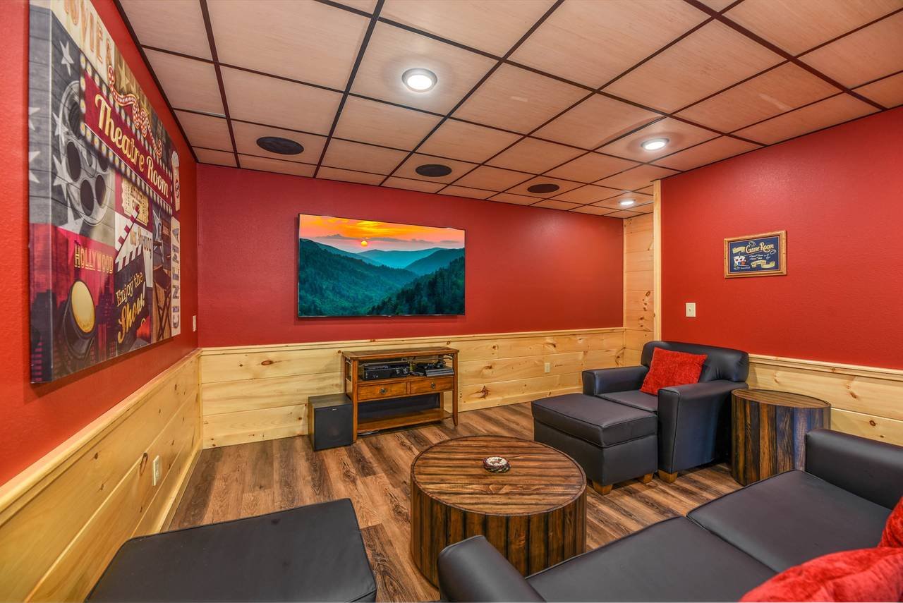 Media room w/ 75" TV & surround sound theater seating Media room w/ 75" TV & surround sound theater seating