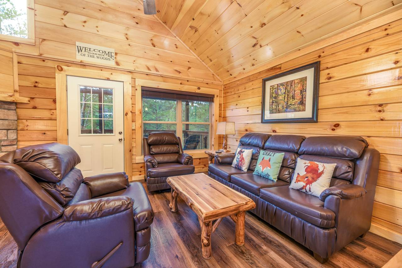 Cozy living room w/ stone fireplace & sleeper sofa Cozy living room w/ stone fireplace & sleeper sofa
