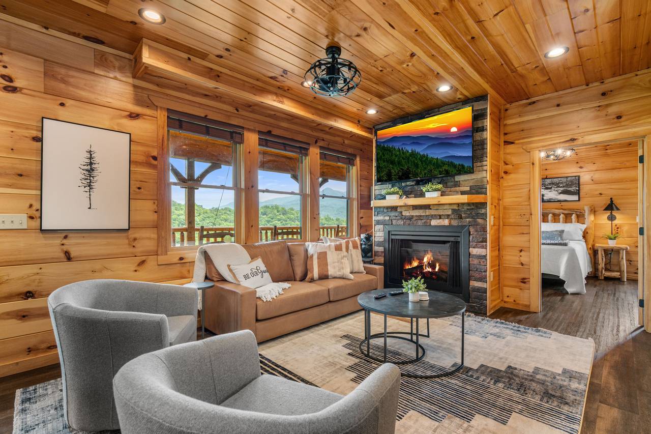 Comfy sleeper sofa & plush seating by fireplace Comfy sleeper sofa & plush seating by fireplace