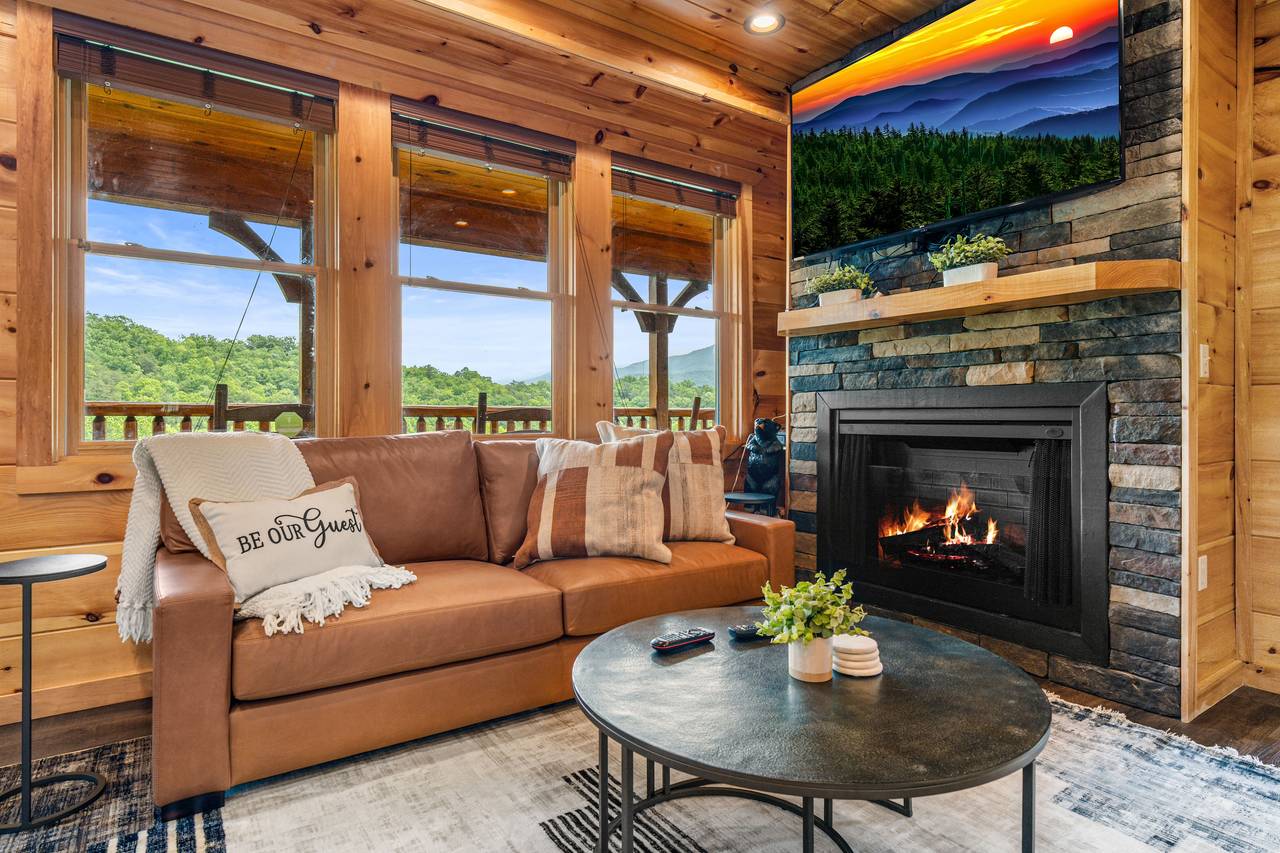 Comfy sleeper sofa & plush seating by fireplace Comfy sleeper sofa & plush seating by fireplace