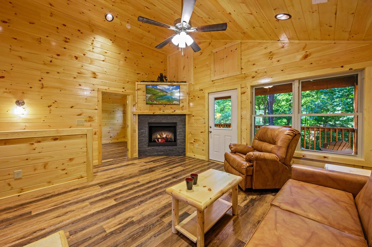 Main level living room with fireplace, TV, & sleeper sofa Main level living room with fireplace, TV, & sleeper sofa