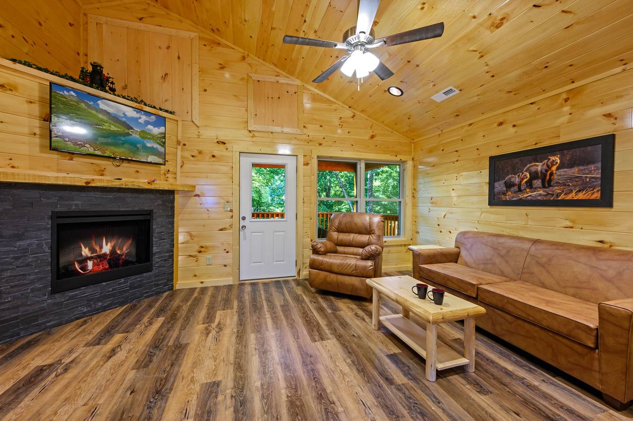 Main level living room with fireplace, TV, & sleeper sofa Main level living room with fireplace, TV, & sleeper sofa