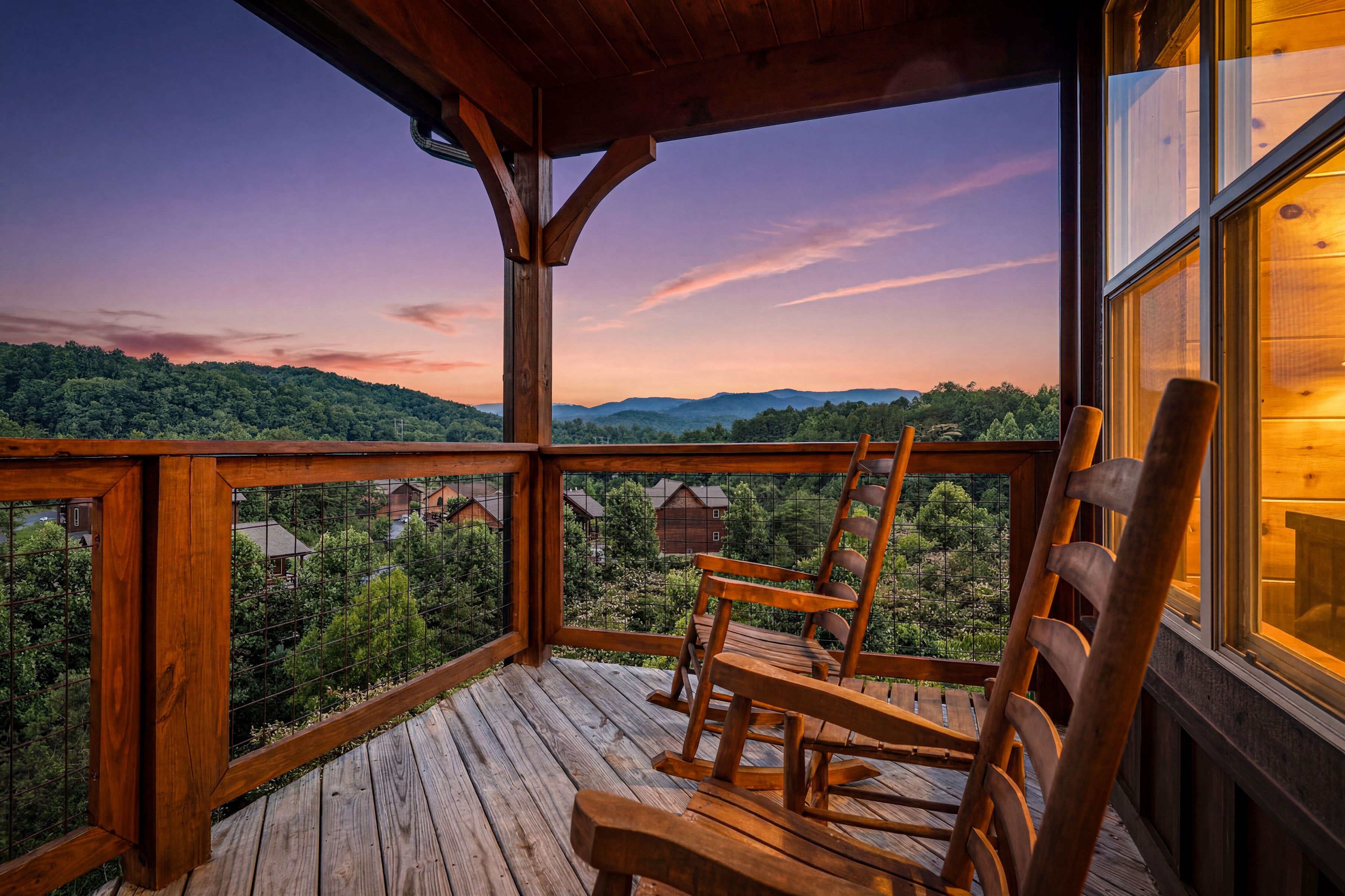Rocking chairs offer a relaxing spot on the private decks.