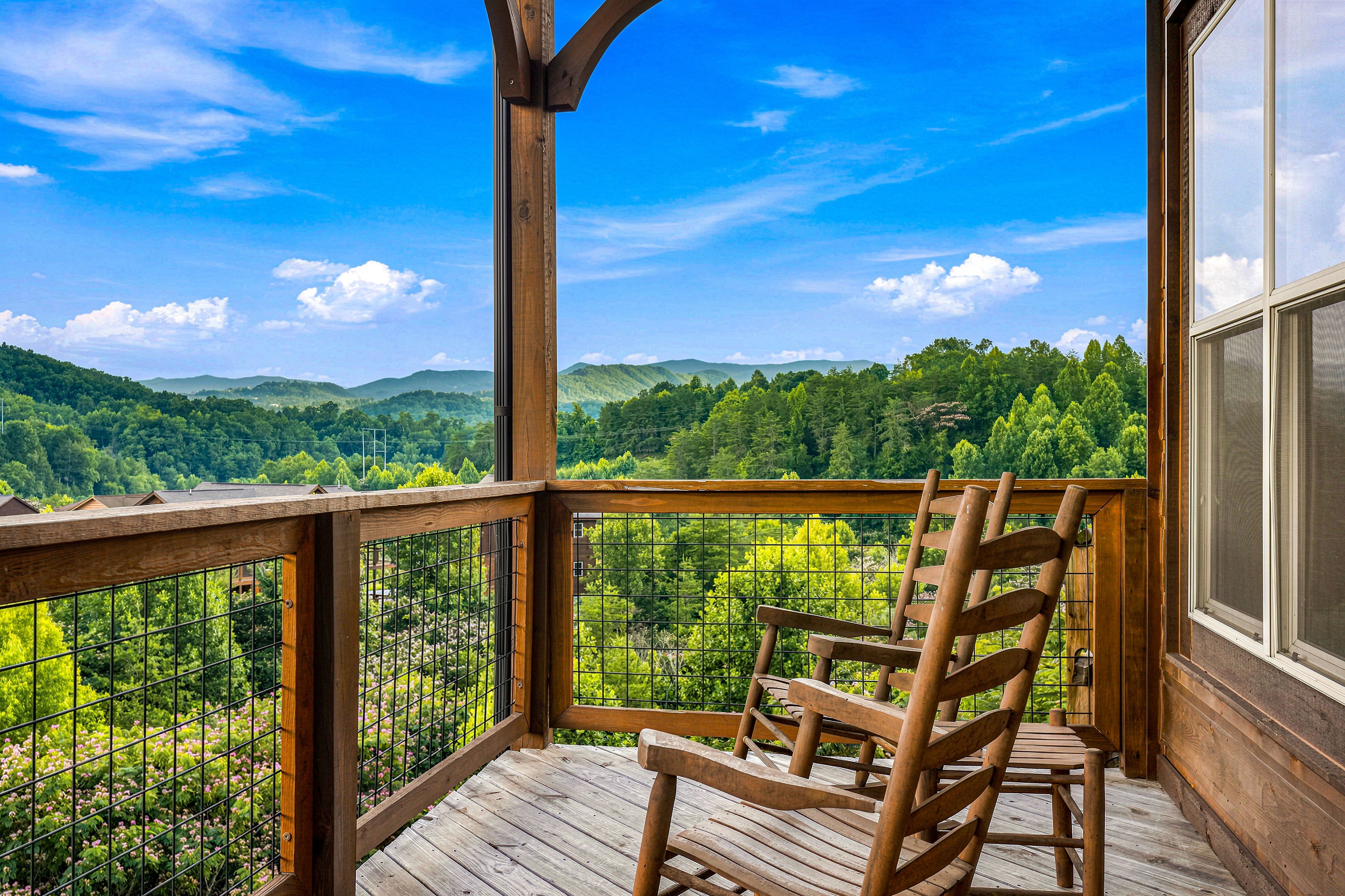 Unwind in the rocking chairs on the cabin’s private decks.