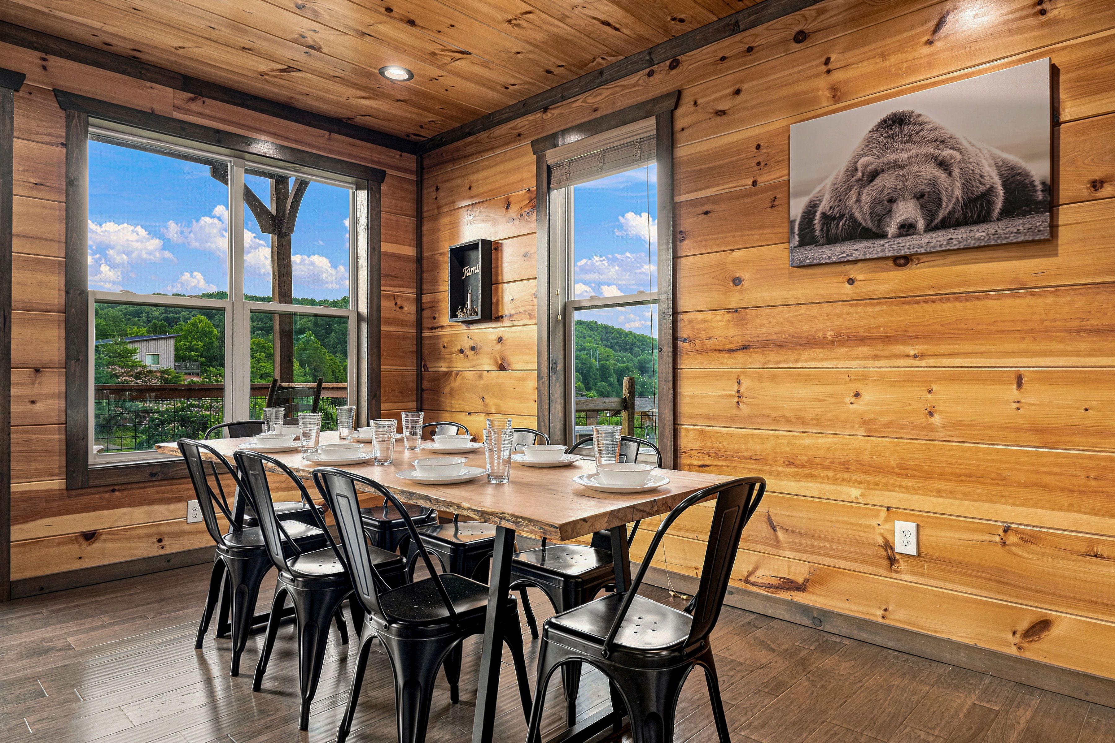 Dining table seats up to 8 guests for shared meals.