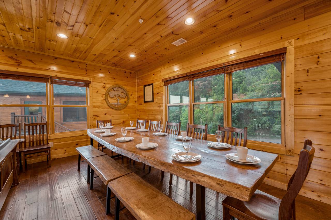 Dining area with bench and chair seating Dining area with bench and chair seating