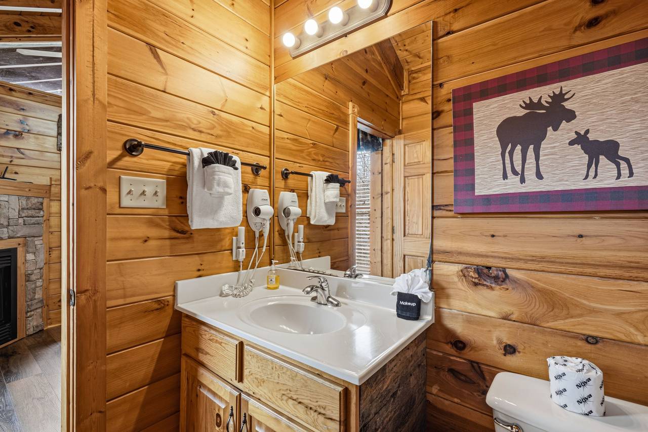 Entry-level full bath with standing shower and hair dryer Entry-level full bath with standing shower and hair dryer