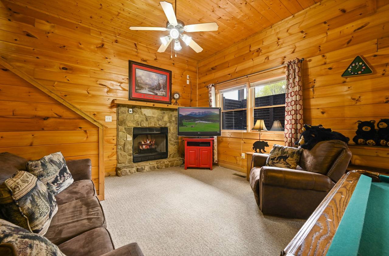 <span class="name">Lower level living room with fireplace and flat screen TV.</span> <span class="name">Lower level living room with fireplace and flat screen TV.</span>