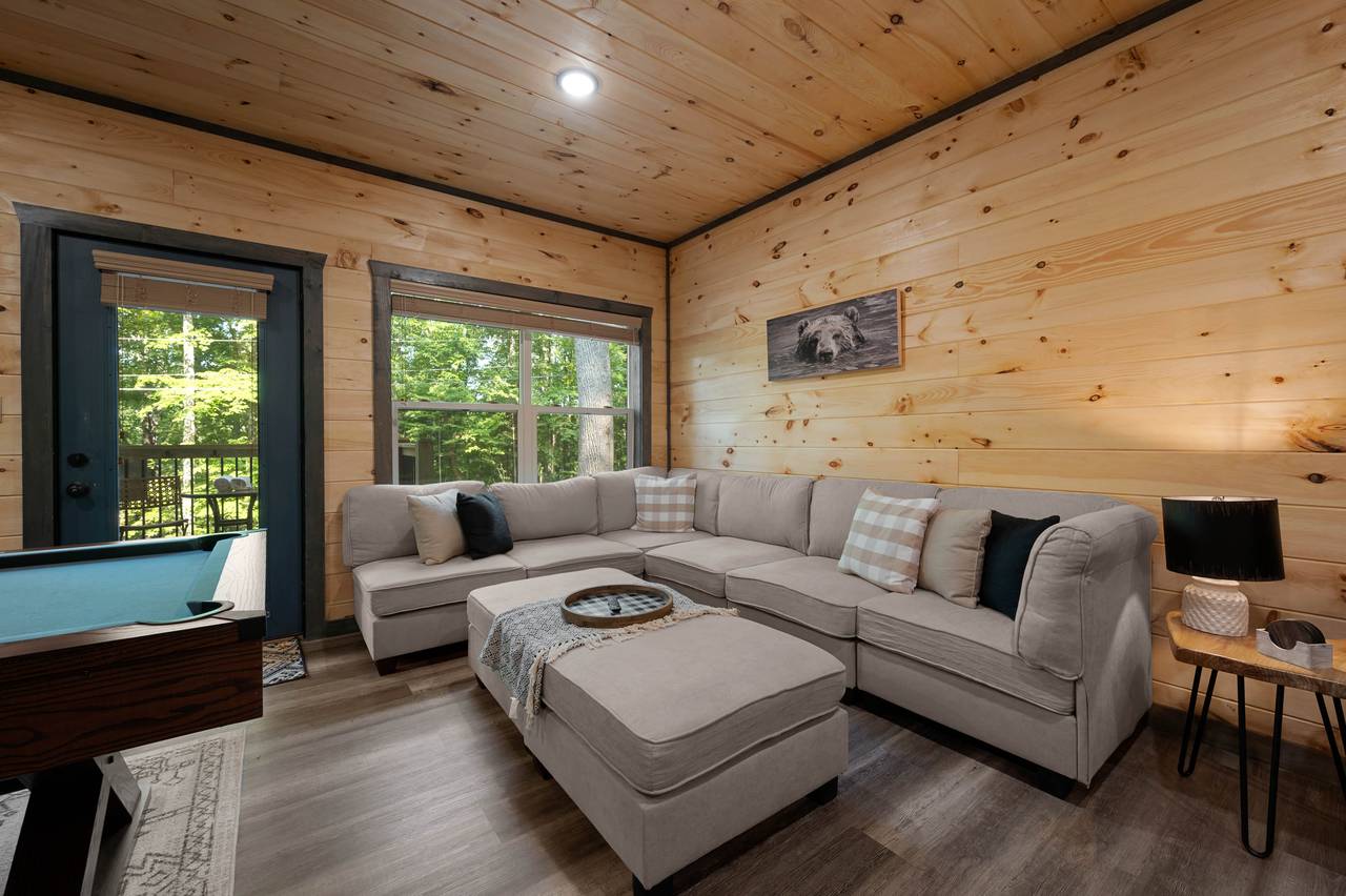 Lower level game room with comfy sofa and TV Lower level game room with comfy sofa and TV