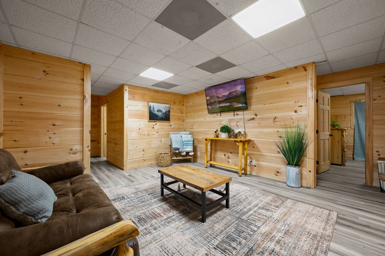 Lower level living room with TV and queen futon Lower level living room with TV and queen futon