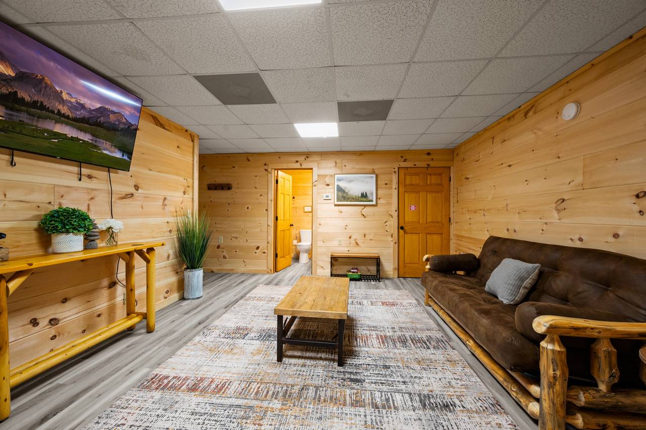 Lower level living room with TV and queen futon Lower level living room with TV and queen futon