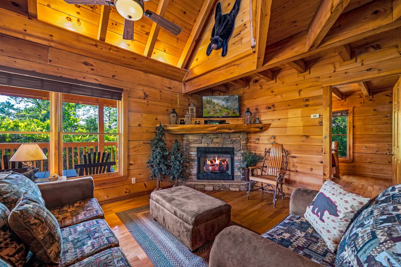 Living room with sleeper sofa, arm chair, gas fireplace, & TV Living room with sleeper sofa, arm chair, gas fireplace, & TV