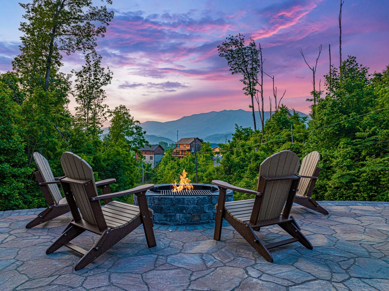 Outdoor space with a view, firepit, picnic table, & lounge chair Outdoor space with a view, firepit, picnic table, & lounge chair