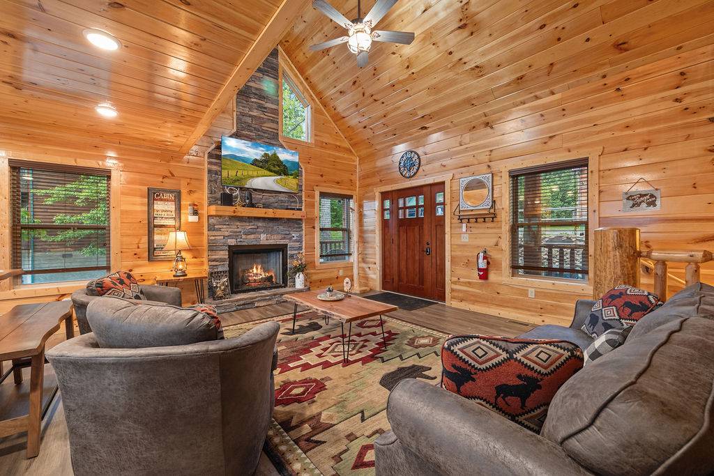 Living room with comfortable seating and a gas fireplace