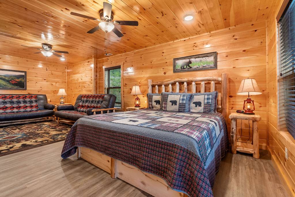 Lower level king bedroom w/2 futons, TV, & ensuite bath