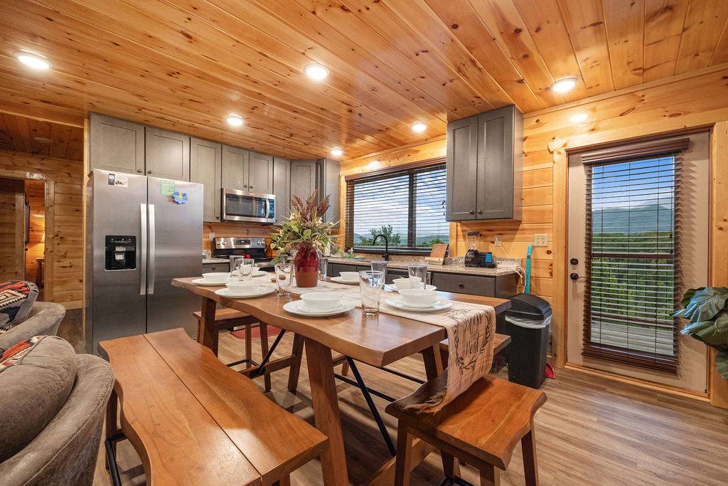 Kitchen and dining area for meals together