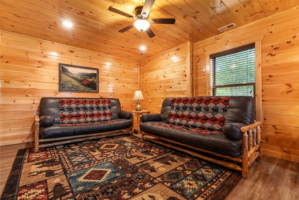 Lower level king bedroom w/2 futons, TV, & ensuite bath