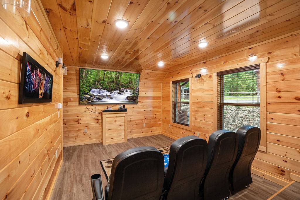 Nine theater seats create a comfortable movie-night space