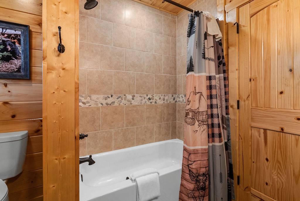 Lower level king/futon ensuite full bath with tub/shower combo