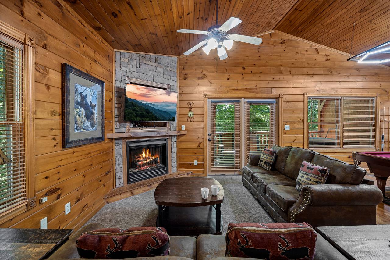 Spacious living room with TV, sleeper sofa, and fireplace Spacious living room with TV, sleeper sofa, and fireplace