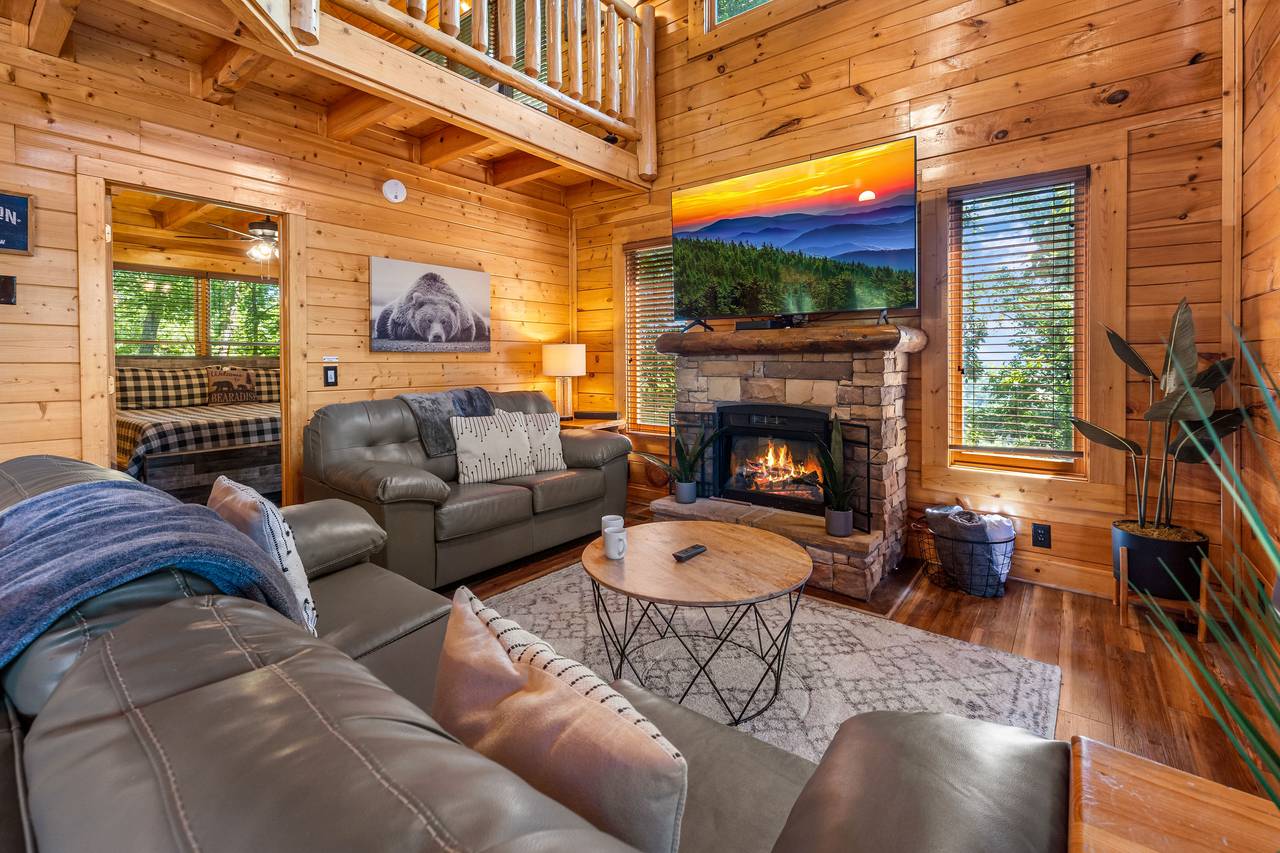 Spacious living room with sleeper sofa, fireplace, & TV Spacious living room with sleeper sofa, fireplace, & TV