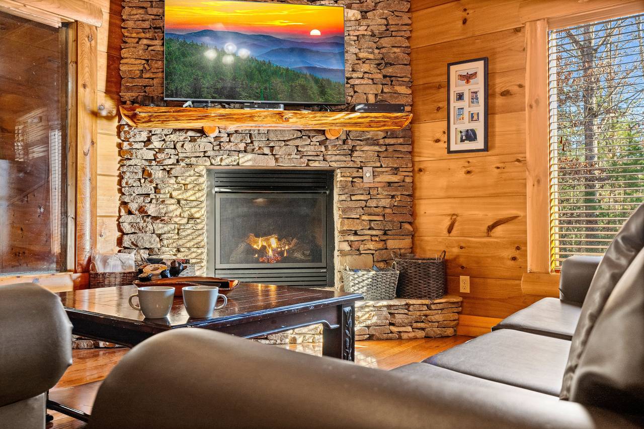 Living room with fireplacek, sleeper sofa, and TV. Living room with fireplacek, sleeper sofa, and TV.