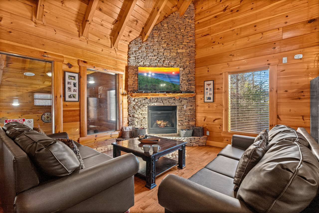 Living room with fireplacek, sleeper sofa, and TV. Living room with fireplacek, sleeper sofa, and TV.