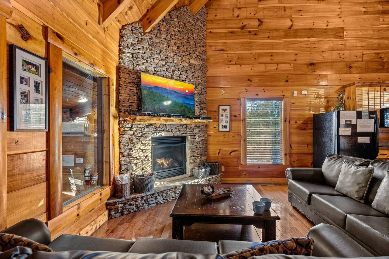 Living room with fireplacek, sleeper sofa, and TV. Living room with fireplacek, sleeper sofa, and TV.