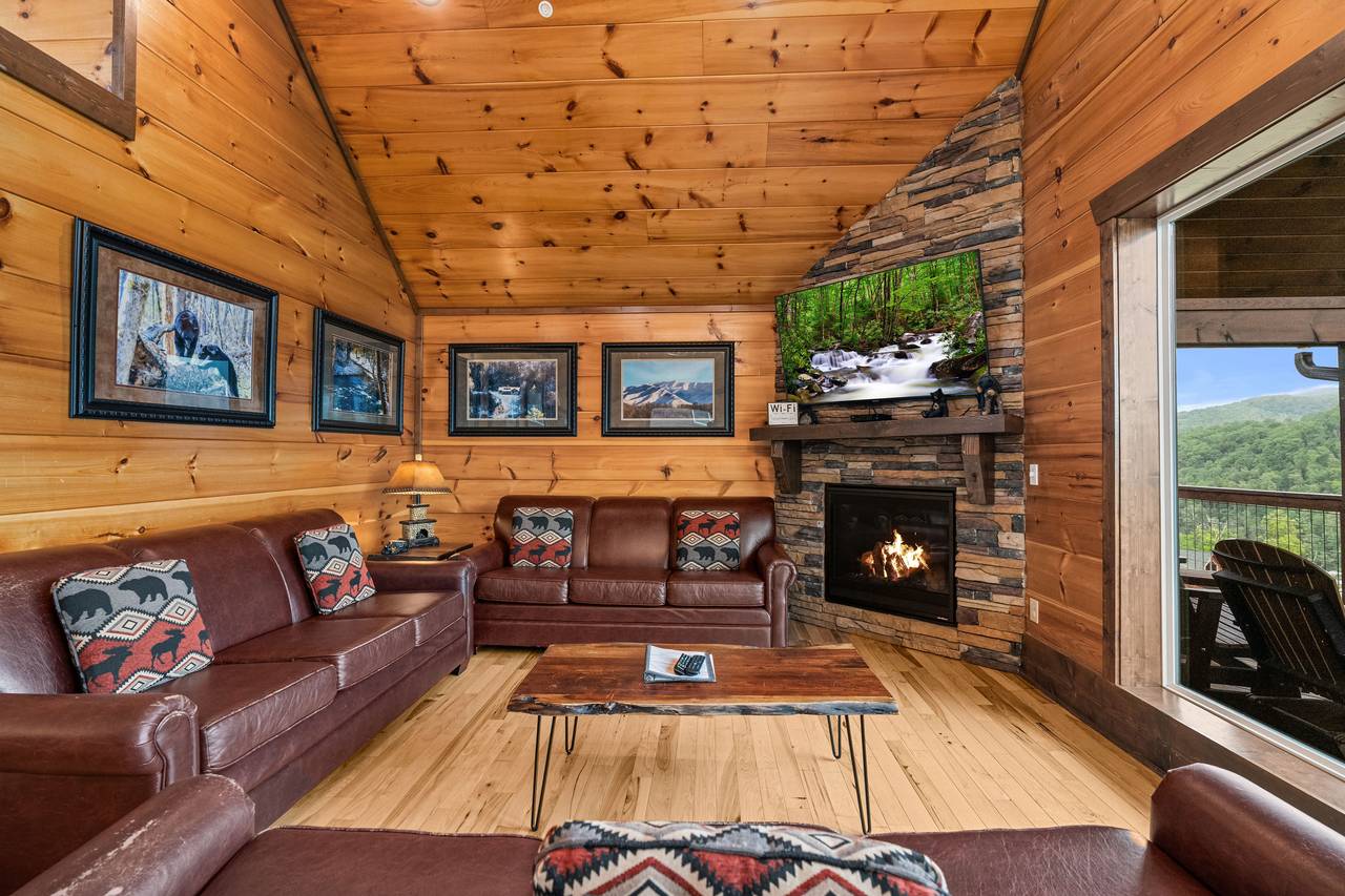 Living room with fireplace and big screen TV! Living room with fireplace and big screen TV!