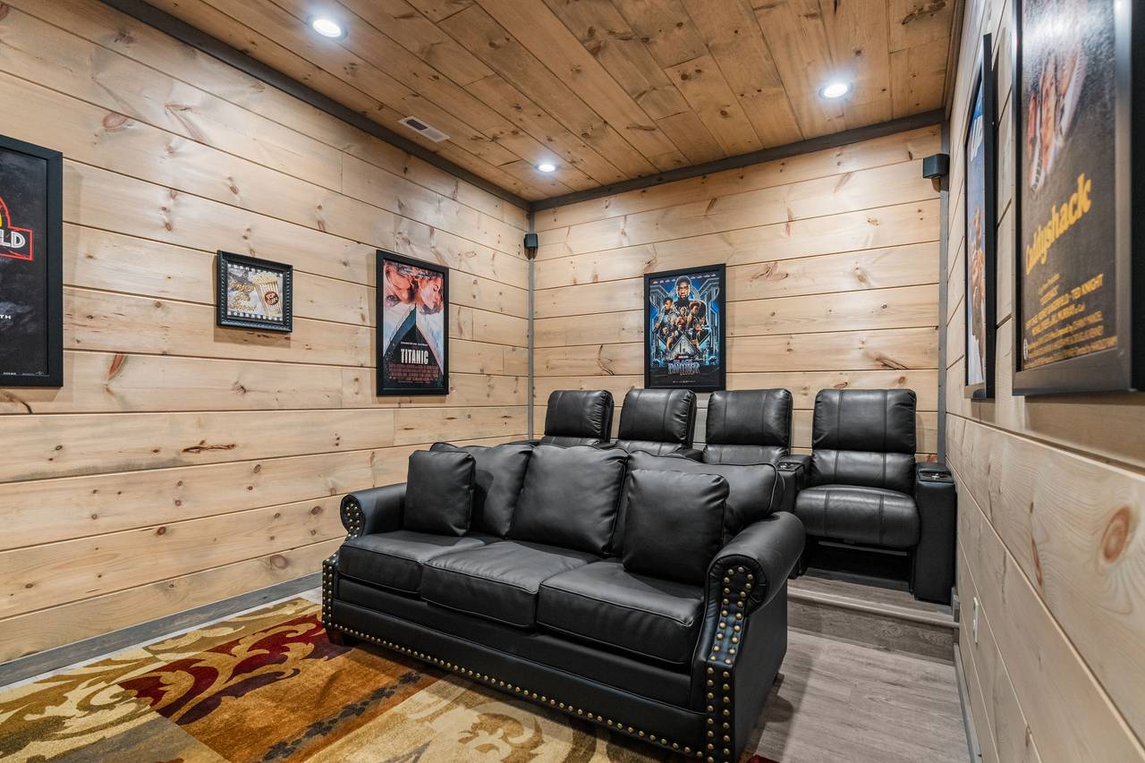 Catch a movie in the theater room with recliners & sofa seating! Catch a movie in the theater room with recliners & sofa seating!