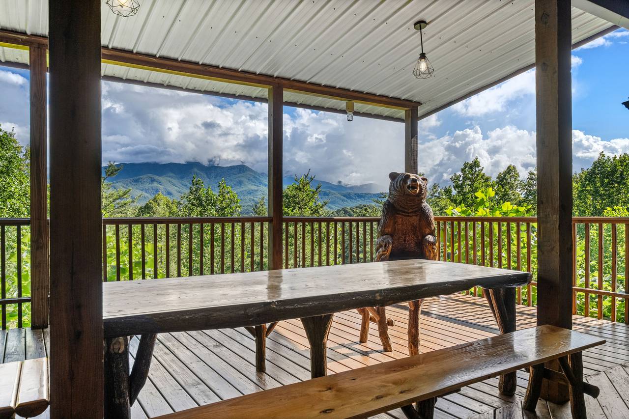 Picnic Table on Deck for Outdoor Dining & Mountain Views Picnic Table on Deck for Outdoor Dining & Mountain Views