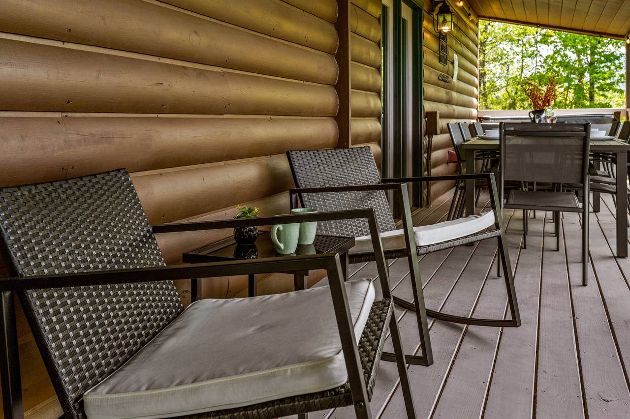 Enjoy your morning coffee from the deck's rocking chairs Enjoy your morning coffee from the deck's rocking chairs
