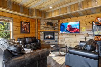 Lower level living area with sofa seating & TV Lower level living area with sofa seating & TV