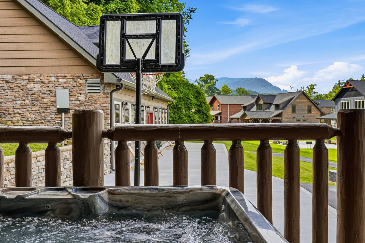 Covered hot tub with relaxing mountain views Covered hot tub with relaxing mountain views
