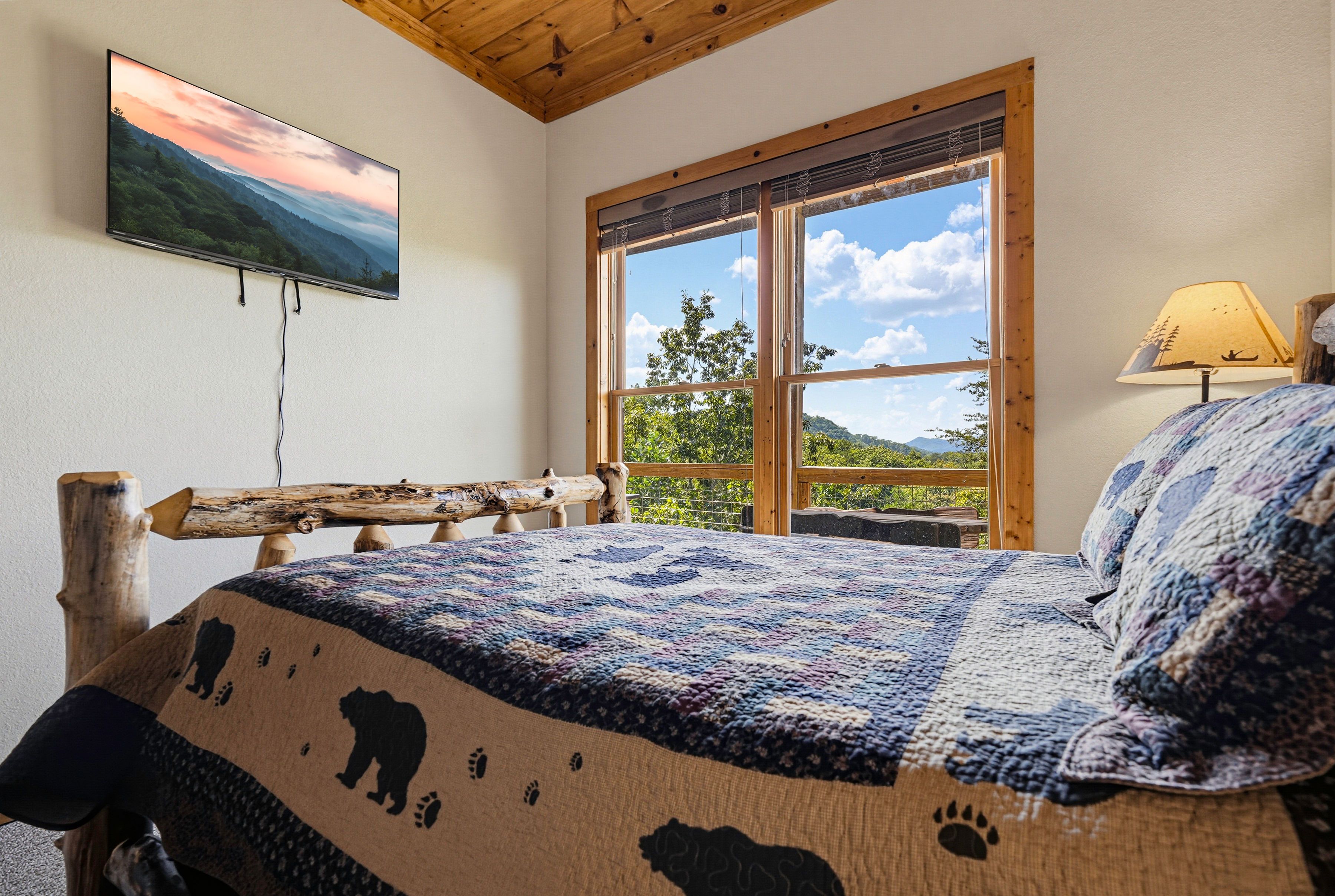 <span class="name">Queen bedroom includes a TV and convenient closet</span>