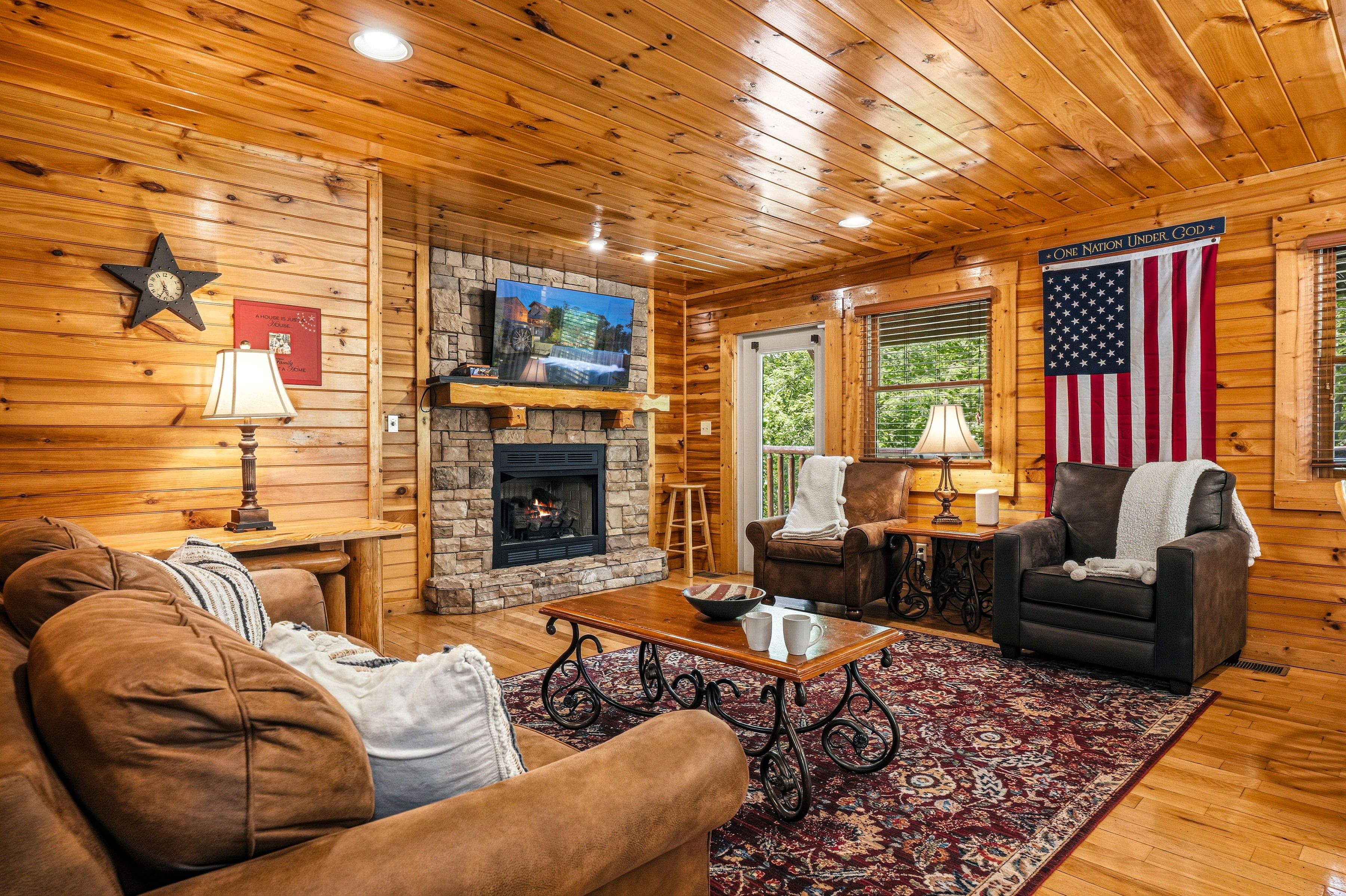 Relaxing cabin living room with warm fireplace