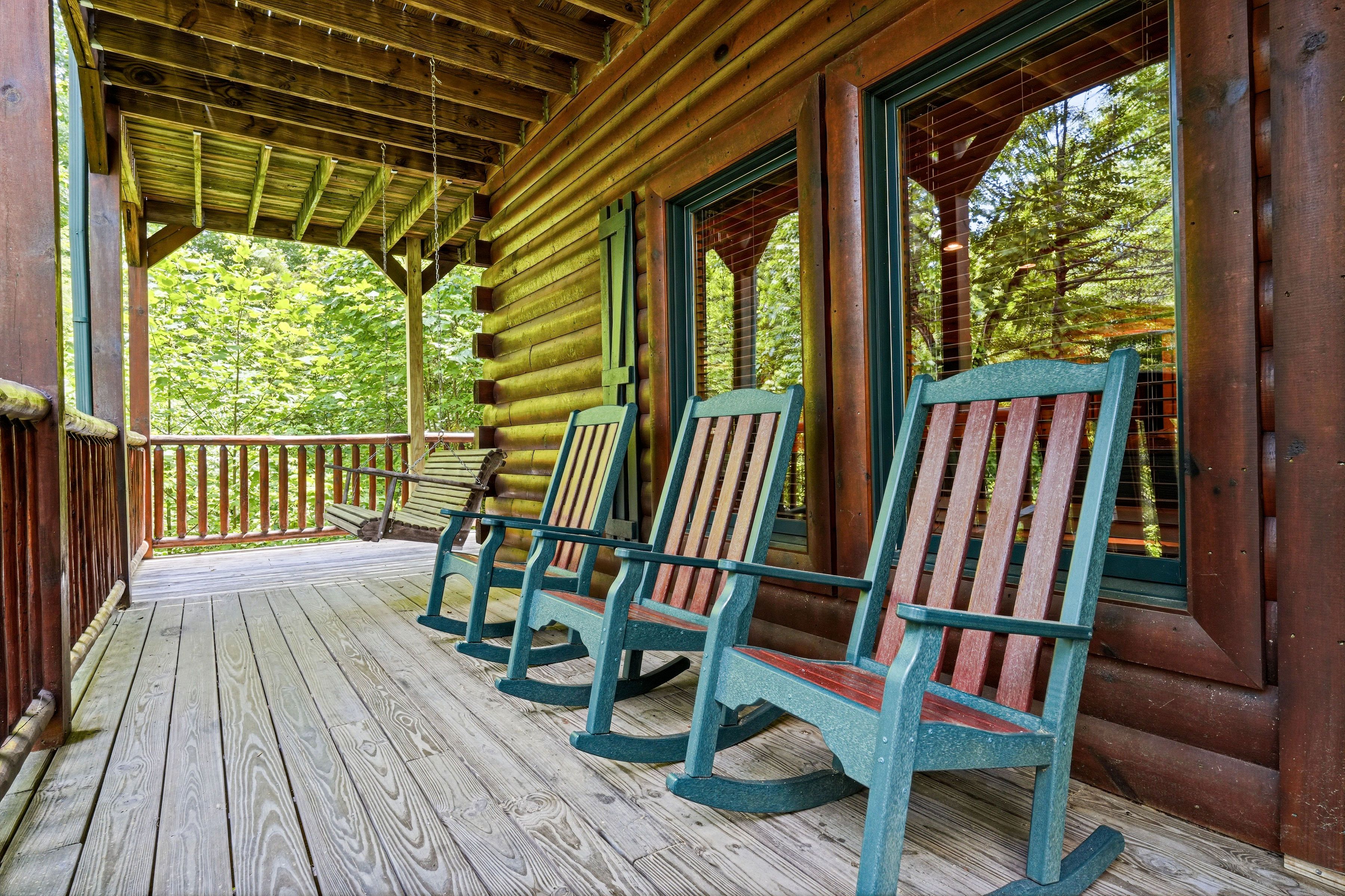 Deck with rocking chairs for mountain relaxation