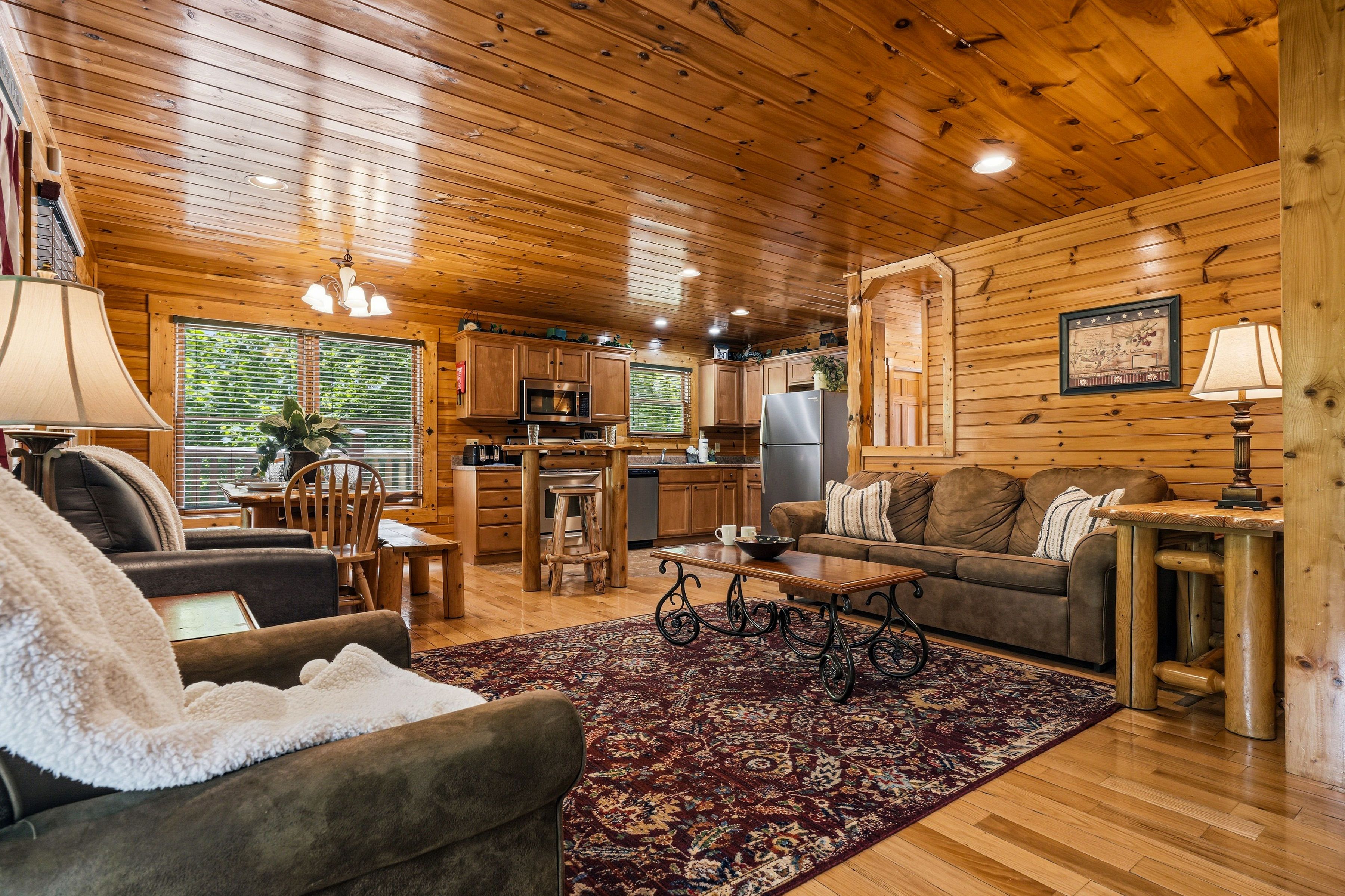 Spacious gathering area with mountain cabin charm