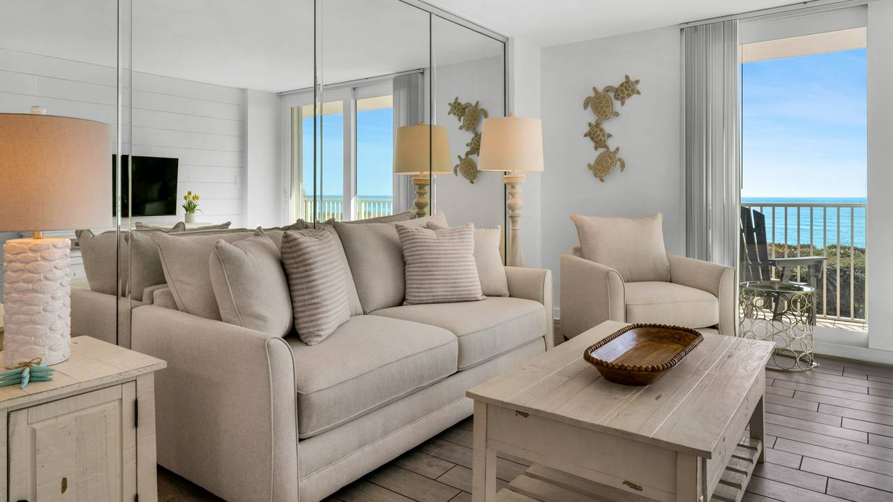 BeachCrest 204: Gulf Front Living room with private balcony and BeachCrest 204: Gulf Front Living room with private balcony and