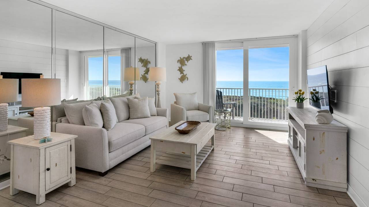 BeachCrest 204: Gulf Front Living room with private balcony, lar BeachCrest 204: Gulf Front Living room with private balcony, lar